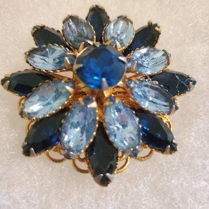 Brooch Cobolt Blue and Lt. Blue Stones 1950 VTG Star Burst Goldtone 2" Gift